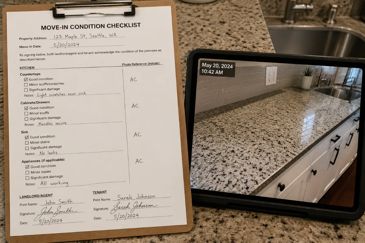 A specific, signed move-in checklist beside a dated photo of the same kitchen counter — a detailed signed move-in checklist next to a dated close-up photo of an undamaged kitchen counter