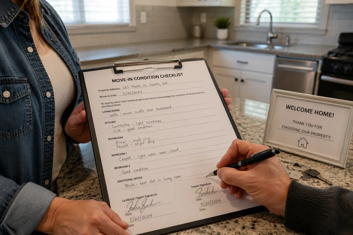 Tenant signing move-in condition checklist